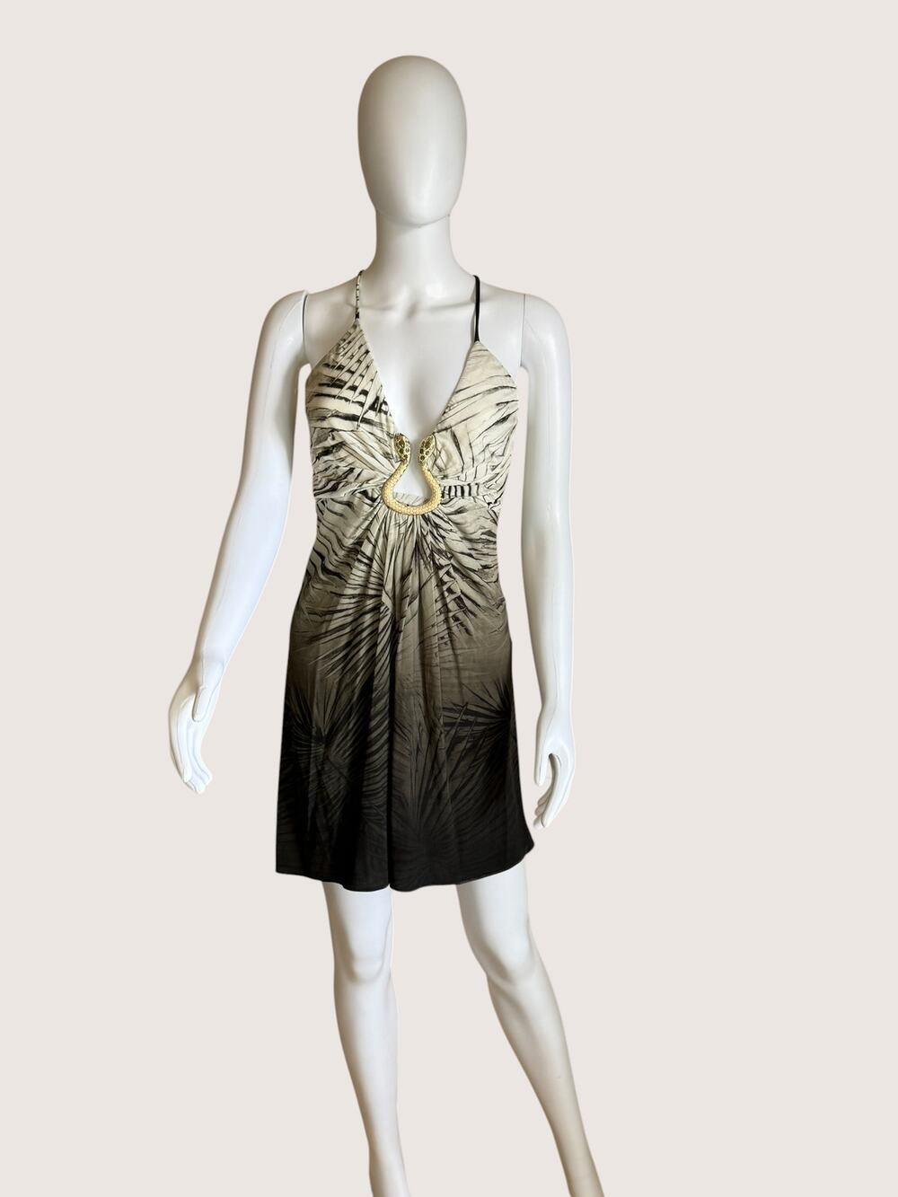Palm Print Plunge Mini Dress with Snake Ring Detail